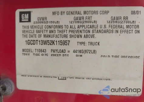 2002 Chevrolet S-10 Ls from USA, damaged, VIN 1GCDT13W52K115957